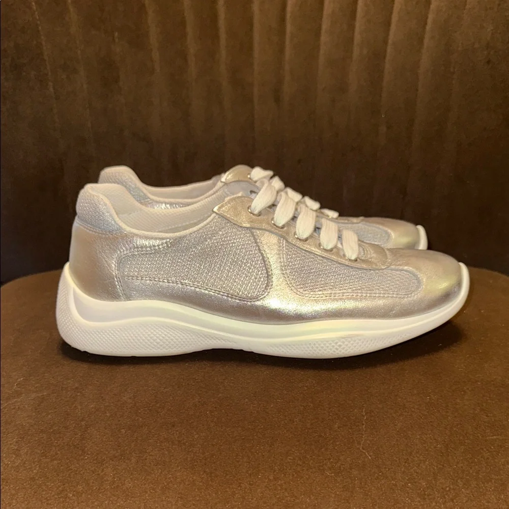 Prada Metallic Silver and White Sneakers - Picture 2 of 6
